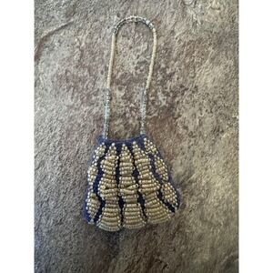 OOAK RARE Vintage‎ Beaded Mini Purse Coin Bag Blue Knit Small Handbag Antique